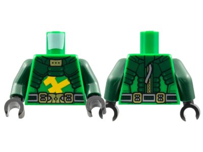 LEGO onderdeel Torso Dark Green Armor, Gold Buckle, Bright Light Orange Ninjago Logogram Letter L Pattern / Dark Green Arms / Black Hands (973pb4312c01)