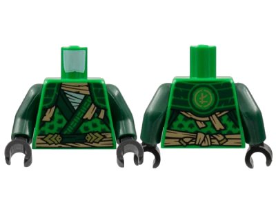 LEGO onderdeel Torso Tunic, Dark Green Hems and Shoulder Pads, Tan Tattered Scarf and Sash, Gold Ninjago Logogram Letter L on Back Pattern / Dark Green Arms / Black Hands (973pb4792c01)
