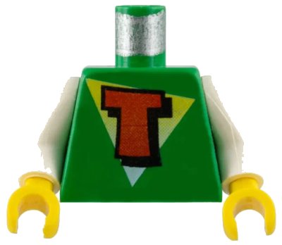 LEGO onderdeel Torso FreeStyle Timmy with Red Capital Letter T on White and Yellow Triangle Pattern / White Arms / Yellow Hands (973px39c01)