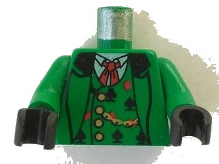 LEGO onderdeel Torso Western Bandit Card Suit Vest and Gold Fob Pattern / Green Arms / Black Hands (973px55c01)
