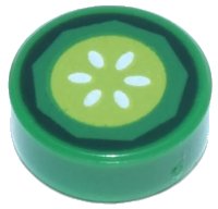 LEGO part Tile, Round 1 x 1 with Dark Green, Lime and White Cucumber Slice Pattern 98138pb443