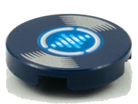 LEGO part Tile, Round 2 x 2 with Bottom Stud Holder with LP Record, Medium Azure and White Lines on Blue Label Pattern 14769pb386