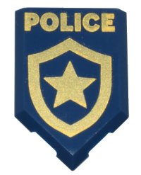 LEGO part Tile, Modified 2 x 3 Pentagonal with Gold 'POLICE' and Star Badge Logo Pattern 22385pb250