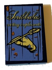 LEGO part Tile 2 x 3 with Script 'Scribbulus writing implements' and Hand with Quill on Sand Blue Background Pattern (Sticker) - Set 75978 26603pb171