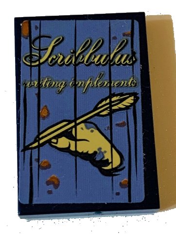 LEGO part Tile 2 x 3 with Script 'Scribbulus writing implements' and Hand with Quill on Sand Blue Background Pattern (Sticker) - Set 75978 (26603pb171)