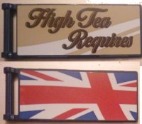LEGO part Flag 7 x 3 with Bar Handle with 'High Tea Requires' / Partial United Kingdom Flag (Union Jack) Pattern Model Front Left Side (Stickers) - Set 10258 30292pb035L
