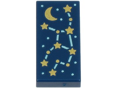 LEGO part Fliese 1 x 2 mit Sternbild mit metallisch hellblauen Linien und Punkten, goldenen Sternen und Halbmond Muster (3069pb1322)