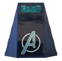 LEGO part Wedge 4 x 4 Triple Curved No Studs with Metallic Light Blue Avengers Logo and Turquoise Control Panel with Speedometer and Switches Pattern (Sticker) - Set 76142 47753pb098
