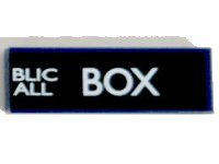 LEGO part Tile 1 x 3 with White 'BLIC', 'ALL', and 'BOX' (Police Public Call Box) on Black Background Pattern (Right Side) 63864pb038R