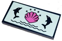 LEGO part Tile 2 x 4 with Dark Pink Shell and Dark Blue Dolphins, Stars and Waves Pattern (Sticker) - Set 41347 87079pb0973