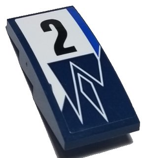 LEGO onderdeel Slope, Curved 4 x 2 with Black Number 2 on White Background, Dark Blue Diamond and Triangles Pattern (Sticker) - Set 75885 (93606pb130)