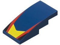 LEGO part Slope, Curved 4 x 2 with Yellow V-Shaped Center Panel, Red Stripes, Black Triangles Pattern 93606pb205