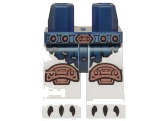 LEGO onderdeel Hips and White Legs with Dark Blue Loincloth, Belt, Copper Knee Pads and Black Claws Pattern (970c01pb36)