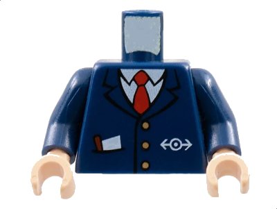LEGO onderdeel Torso Train with Logo, Three Gold Buttons, Red Tie, Pencil & Paper in Pocket Pattern / Dark Blue Arms / Light Nougat Hands (973pb0320c02)