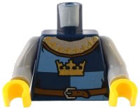 LEGO part Torso Castle Fantasy Era Gold Crown and Reddish Brown Belt with Silver Buckle on Medium Blue and Dark Blue Quarters Pattern / Light Bluish Gray Arms / Yellow Hands 973pb0451c01