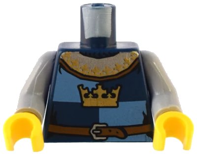 LEGO onderdeel Torso Castle Fantasy Era Gold Crown and Reddish Brown Belt with Silver Buckle on Medium Blue and Dark Blue Quarters Pattern / Light Bluish Gray Arms / Yellow Hands (973pb0451c01)