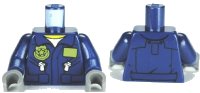 LEGO part Torso Police Flight Suit Jacket with Name Tag and Badge, Zippered Pockets Pattern / Dark Blue Arms / Dark Bluish Gray Hands 973pb0989c01
