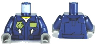 LEGO onderdeel Torso Police Flight Suit Jacket with Name Tag and Badge, Zippered Pockets Pattern / Dark Blue Arms / Dark Bluish Gray Hands (973pb0989c01)