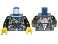 LEGO part Torso Bare Chest with Muscles, Suspenders, Belt and Silver Armor with Blue Round Jewel (Chi) Pattern / Black Arms / Yellow Hands 973pb1370c01