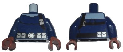LEGO onderdeel Torso Spider-Man Black Shoulder Strap and Belt with Silver Pouches on Front and Back Pattern (Nick Fury) / Dark Blue Arms / Reddish Brown Hands (973pb1624c01)