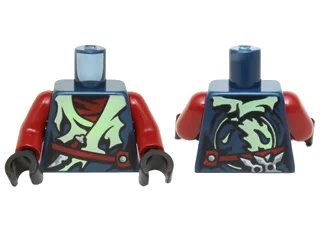 LEGO onderdeel Torso Ninjago Tattered Yellowish Green Robe, Weapons and Dark Red Belt and Undershirt Pattern / Dark Red Arms / Black Hands (973pb2082c01)