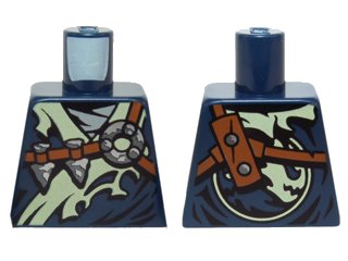 LEGO onderdeel Torso Ninjago Robe Tattered Yellowish Green Collar, Reddish Brown Straps, Silver Arrowheads Pattern (973pb2096)