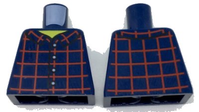 LEGO part Torso Shirt Dark Red Plaid Front and Back, 4 White Buttons, Wide Yellow Neck Pattern (973pb2513)
