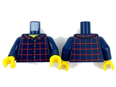 LEGO onderdeel Torso Shirt Dark Red Plaid Front and Back, 4 White Buttons, Wide Yellow Neck Pattern / Dark Blue Arms / Yellow Hands (973pb2513c01)
