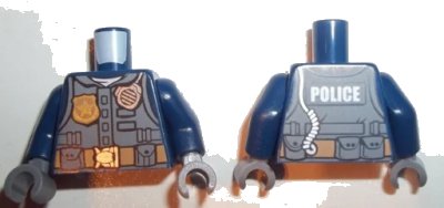 LEGO onderdeel Torso Police Jacket with Dark Bluish Gray Vest, Gold Badge, Radio and 'POLICE' Pattern on Back / Dark Blue Arms / Dark Bluish Gray Hands (973pb2857c01)