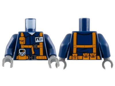 LEGO onderdeel Torso Town Miners Dark Blue Shirt with Orange Suspender Straps with Radio and ID Badge Pattern / Dark Blue Arms / Dark Bluish Gray Hands (973pb2991c01)