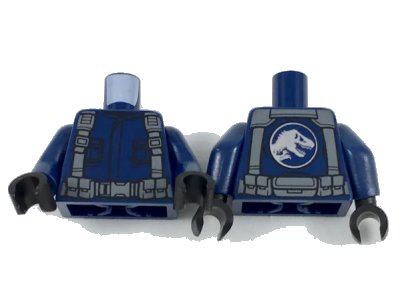 LEGO onderdeel Torso Shirt with Pockets, Dark Bluish Gray Suspenders and Belt with Pouches, Silver Jurassic World Logo on Back Pattern / Dark Blue Arms / Black Hands (973pb3119c01)