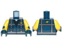 LEGO onderdeel Torso Safety Vest with Reflective Crossed Stripes over Black Shirt and Lime Letter R Pattern / Yellow Arms with Dark Blue Cuff / Dark Blue Hands 973pb3391c01