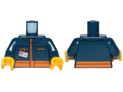 LEGO onderdeel Torso Jumpsuit with Orange Stripes and White Minifigure ID Badge Pattern / Dark Blue Arms / Yellow Hands (973pb3556c01)