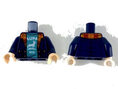 LEGO onderdeel Torso Jacket with Plaid Collar, Dark Turquoise Shirt with White 'AUPA WIS' and Buck Pattern / Dark Blue Arms / Light Nougat Hands (973pb3561c01)