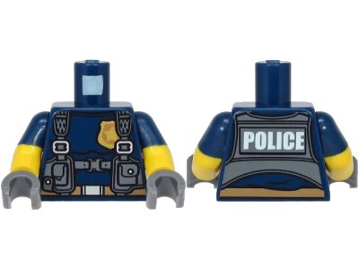 LEGO onderdeel Torso Police with Harness, Gold Star Badge Logo, Belt and 'POLICE' on Back Pattern / Yellow Arms with Molded Dark Blue Short Sleeves Pattern / Dark Bluish Gray Hands (973pb3567c02)