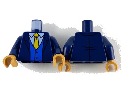 LEGO onderdeel Torso Suit Jacket, White Shirt, Yellow Tie and Blue Vest Pattern / Dark Blue Arms / Medium Nougat Hands (973pb3625c01)