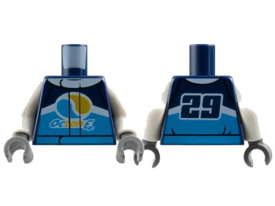 LEGO onderdeel Torso Jacket with Dark Azure Belt, White Collar and Stripe, 'Octan E' Logo on Front, '29' on Back Pattern / White Arms / Dark Bluish Gray Hands (973pb3758c01)
