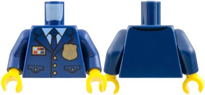 LEGO onderdeel Torso Police Suit with Tie and Pockets, Gold Star Badge Logo and Buttons, Light Blue Undershirt Pattern / Dark Blue Arms / Yellow Hands (973pb3772c01)