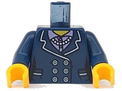 LEGO onderdeel Torso Female Suit Jacket with Buttons and Pockets, Lavender Striped Shirt, Pearl Necklace Pattern / Dark Blue Arms / Yellow Hands (973pb3853c01)