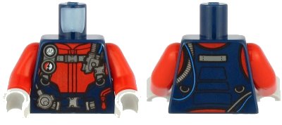 LEGO onderdeel Torso Diving Suit with Red Zippers, Gauge, Regulator and Harness with Silver Buckles Pattern / Red Arms / Light Bluish Gray Hands (973pb3900c01)