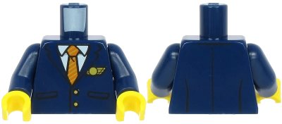LEGO onderdeel Torso Suit with Pockets over White Shirt, Gold and Dark Orange Striped Tie, Gold Buttons and Logo Pin Pattern / Dark Blue Arms / Yellow Hands (973pb3949c01)