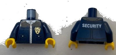 LEGO onderdeel Torso Jacket with Zipper, Blue Shirt, Gold Badge and White 'SECURITY' on Back Pattern / Dark Blue Arms / Yellow Hands (973pb4181c01)