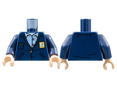 LEGO onderdeel Torso Jacket with Yellow USPS Postal Patch, Silver Zipper, Bright Light Blue Shirt Pattern / Dark Blue Arms / Light Nougat Hands (973pb4383c01)