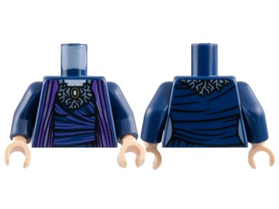 LEGO onderdeel Torso Dark Purple Robe Open over Dress with Streaks and Light Bluish Gray Webbed Collar, Gold Brooch, White Neck Pattern / Dark Blue Arms / Light Nougat Hands (973pb5388c01)