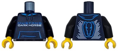 LEGO onderdeel Torso Hoodie with Pocket, Dark Azure 'MUSTANG', White 'DARK HORSE' and Stripes Pattern / Black Arms / Yellow Hands (973pb5618c01)