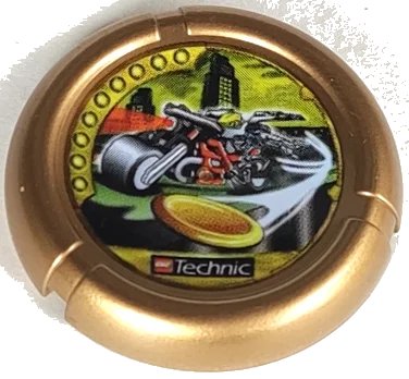 LEGO onderdeel Throwing Disk with Throwbot Millennia / Slizer Millennium 9 Pips, LEGO Technic Logo, and Robot on Motorcycle Throwing Disk Pattern (32171pb061)