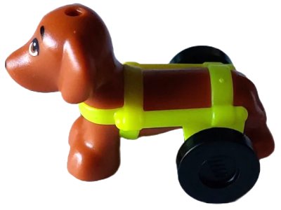 LEGO onderdeel Dog, Friends, Dachshund with Neon Yellow Wheelchair Harness with Black Wheels (Pickle) (100559pb01c02)