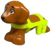 LEGO part Dog, Friends, Dachshund with Molded Neon Yellow Wheelchair Harness and Printed Eyes, Black Nose and White Bubbles Pattern (Pickle) 100559pb04
