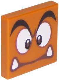 LEGO part Tile 2 x 2 with Black Eyebrows, Dark Brown and White Eyes Looking Straight, Neutral Mouth with Bottom Fangs Pattern (Super Mario Goomba Face) 3068pb1346