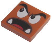 LEGO part Tile 2 x 2 with Black Eyebrows, Dark Brown and White Eyes Looking Right, Surprised Open Mouth with Bottom Fangs and Red Tongue Pattern (Super Mario Parachute Goomba Face) 3068pb1498